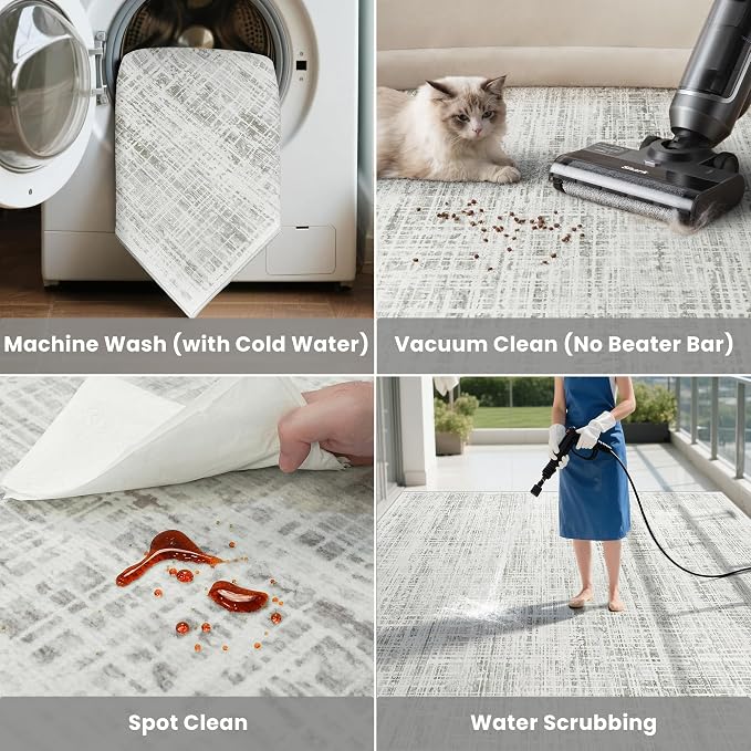 10x12 Washable Area Rug for Living Room Bedroom: Non-Slip Modern White Gray | - Image 5