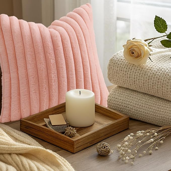 decorUhome Fall Faux Fur Throw Pillow Covers 24x24 Set of 2 Blush Pink | - Image 9