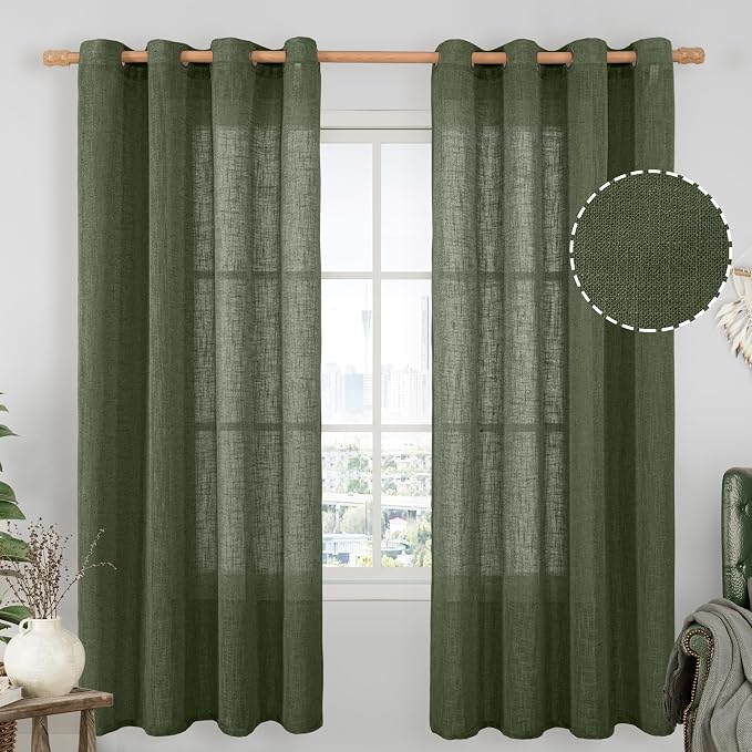 Olive Green Linen Curtains 72 inches Long by LAMIT