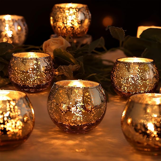 LAMORGIFT 12 PCS Green Votive Candle Holders- Mercury Glass Candle Holders for Sage Green Wedding Decor, Green Tea Light Candle Holders for Vintage Wedding, Engagement, Rehearsal Dinner Table Decor