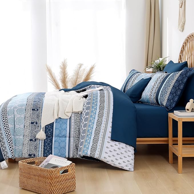 Cottolester Boho Comforter Set California King Size,8 Pieces Navy Blue Bohemian Striped Bed in a Bag,Paisley Soft Microfiber Bedding Comforter Set