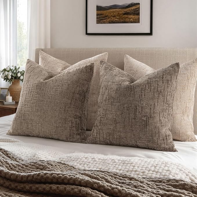 MIULEE Chenille Textured Throw Pillow Covers Taupe Grey 18x18 Set of 2 | Slubby - Image 6