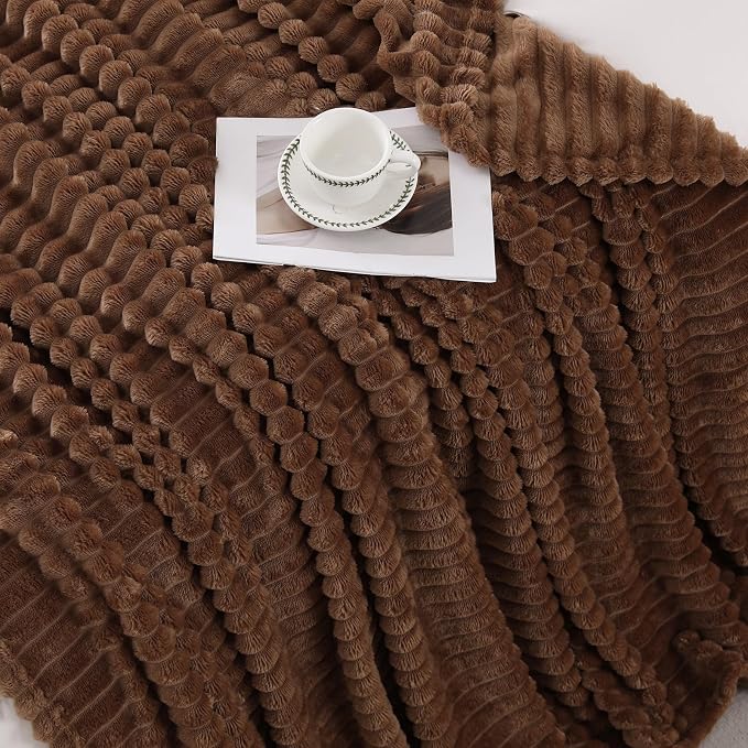 Brown Fleece Throw Blanket for Couch Sofa 50”x60”with Striped Design | Fleece - Image 3