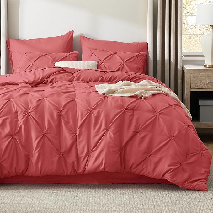 Bedsure California King Comforter Set - Bed in a Bag Cal King Bedding Set 7 PCS, GentleSoft™ Pintuck Bed Set Gift for Family, Pinch Pleat Coral Red Comforter with Sheets, Pillowcases & Shams
