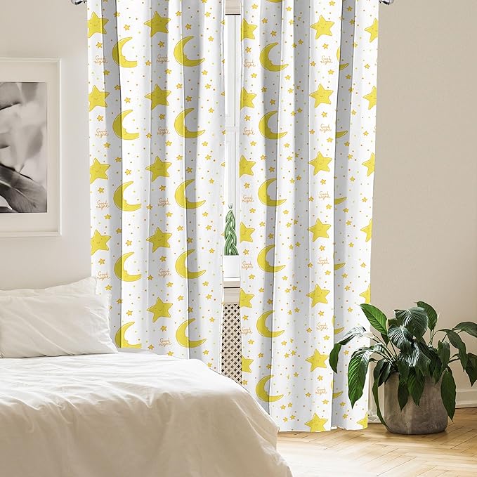 Ambesonne Yellow and White Curtains, Sleeping Crescent Moon and Stars Pattern Night Time Cartoon Illustration, Window Treatments 2 Panel Set for Living Room Bedroom, Pair of - 28" x 84", Pale Yellow