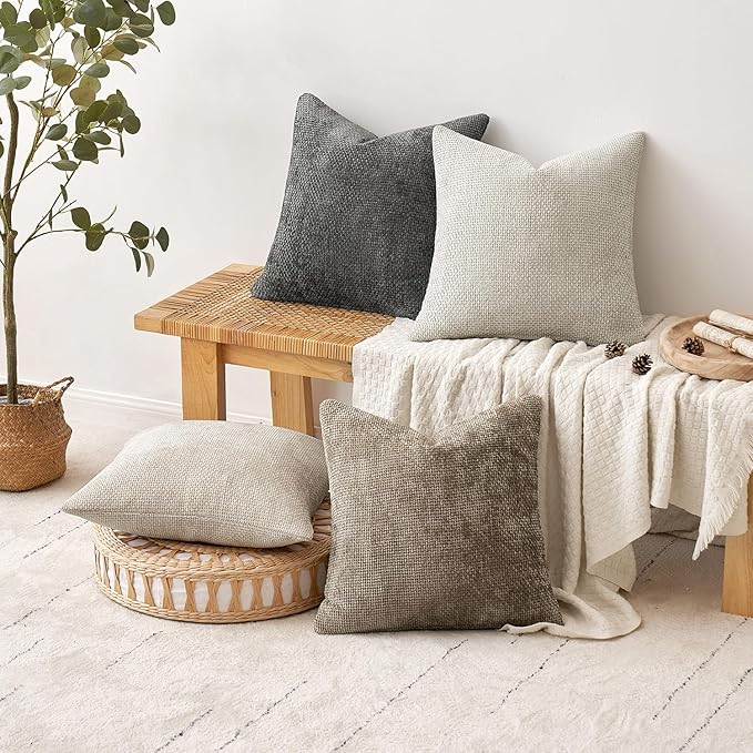 MIULEE Soft Decorative Chenille Pillow Covers Neutral 18x18 Pack of 4 | Mid - Image 4