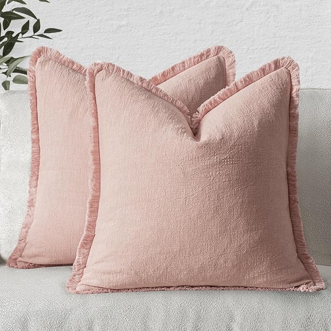 MIULEE Boho Linen Fringe Decorative Throw Pillow Covers Pink 20x20 | Set of 2 by MIULEE