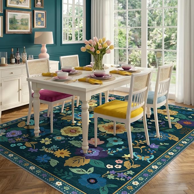 RELEANY Floral Washable 6x9 Area Rugs Teal/Purple | Flower Carpet Print Boho - Image 6
