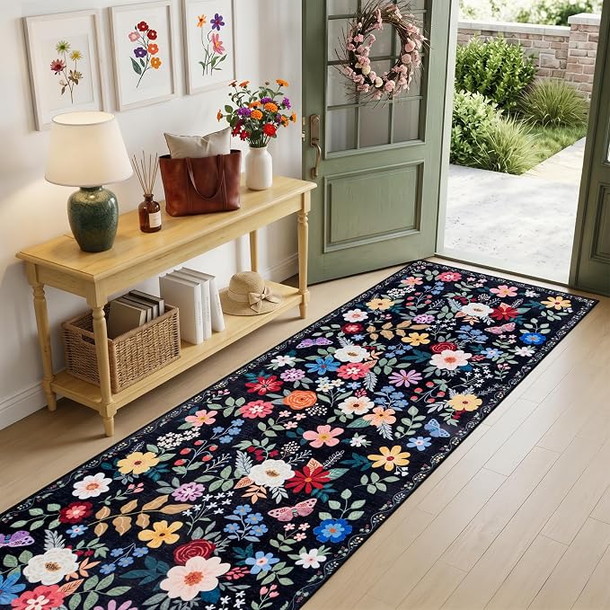 PLHXFR 2.6x14 Washable Runner Rug：Floral Indoor Kitchen Soft Carpet Black | - Image 2