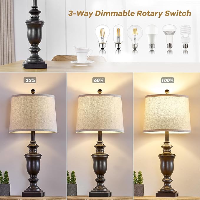 27.5" Vintage Farmhouse Table Lamps Set of 2 Bedside Lamp, 3 Way Dimmable Bedroom Lamps with 2 USB Ports +AC Outlet Touch Nightstand Lamp Rustic Lamp (Rotary-Antique Black)