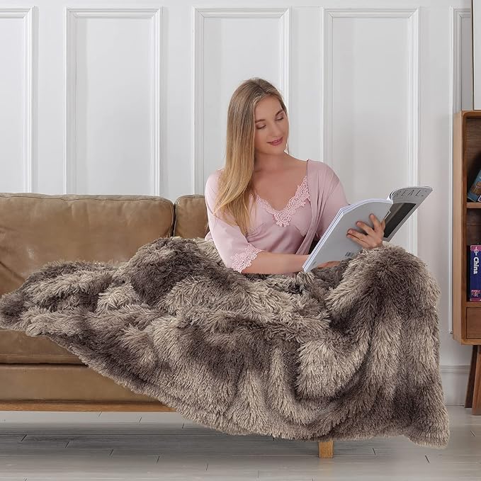 Tuddrom Decorative Extra Soft Faux Fur Throw Blanket,Solid Reversible Fuzzy Lightweight Long Hair Shaggy Blanket,Fluffy Cozy Plush Fleece Comfy Microfiber Fur Blanket for Couch Sofa Bed,Tie Dye Brown