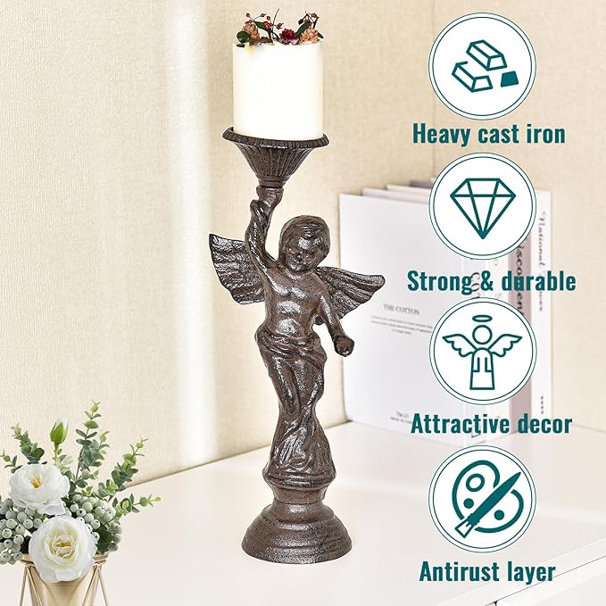 Sungmor Set of 2 Cast Iron Angel Candle Holders, 13.7" Tall Heavy-duty Solid Cherub Candlestick Holders, Vintage EU Style Statue Pillar Column Candle Stands for Wall Shelf Table Center Fireplace Decor