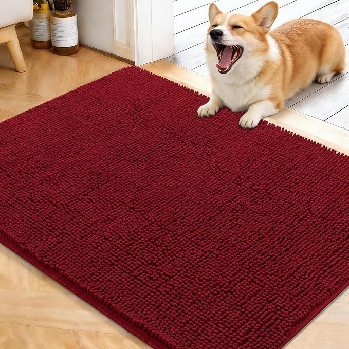 OLANLY Dog Door Mat for Muddy Paws 40x32, Super Absorbent Chenille Mud Mat | Red by OLANLY