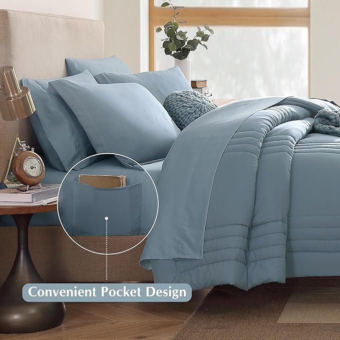Monbix King Size Comforter Set - 7 Pieces Bed in a Bag King, Dusty Blue Bedding Sets with Comforter, All Seasons Down Alternative Comforter Bed Set with Sheets, Pillowcases & Shams