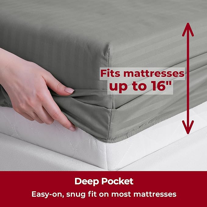 Mellanni Twin XL Sheets Set - 3 PC Iconic Collection Bedding - Hotel Luxury, Extra Soft, Cooling Bed Sheets - Wrinkle, Fade, Stain Resistant (Twin Extra Long, Striped Gray/Silver)