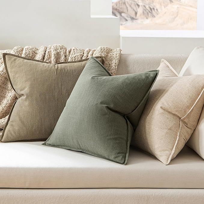 MIULEE Decorative Linen Pillow Covers 20x20 Inch Olive Green | Boho Farmhouse​ - Image 3