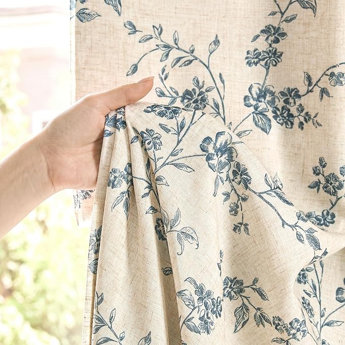 Blackout Vintage Floral Linen Curtains Blue on Beige 50×96 2 Panels | Elisa - Image 3