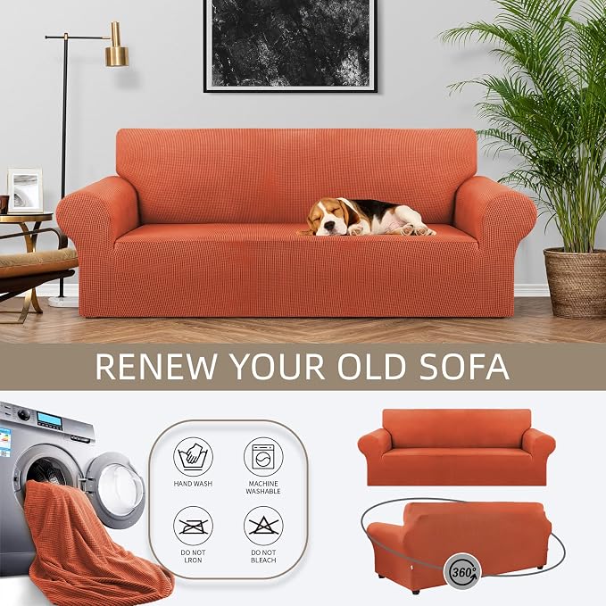 Stretch Couch Covers for Sofa, 3 Cushion Slipcover, Pureed Pumpkin | 1-Piece - Image 3
