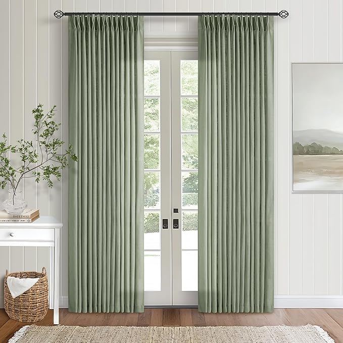 Sage Green Pinch Pleat Semi Sheer Linen Curtains 108 Inches Long 2 Panels | by Twodrapes
