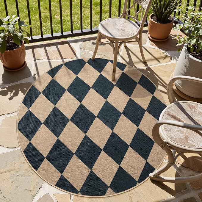 Lahome Checkered Easy Jute Round Rug 4ft, Outdoor Entryway Rug Washable | Black - Image 3