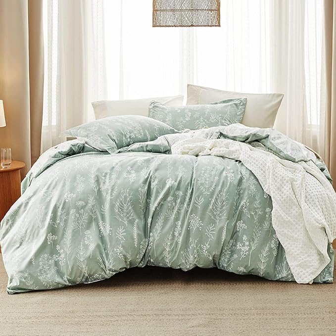 Bedsure Full Comforter Set - Sage Green Bed Set, 3 Pieces Cute Floral Bedding, 1 Soft Reversible Botanical Flowers Comforter and 2 Pillow Shams