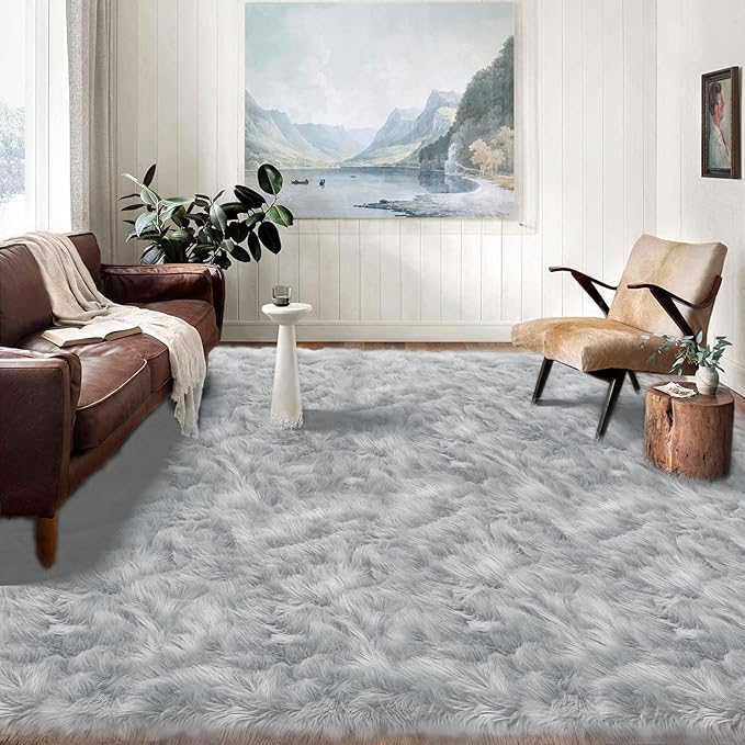 Latepis Grey Faux Fur 8'10"x11'10" Area Rug, Soft Plush Faux Fur Sheepskin Rugs by Latepis