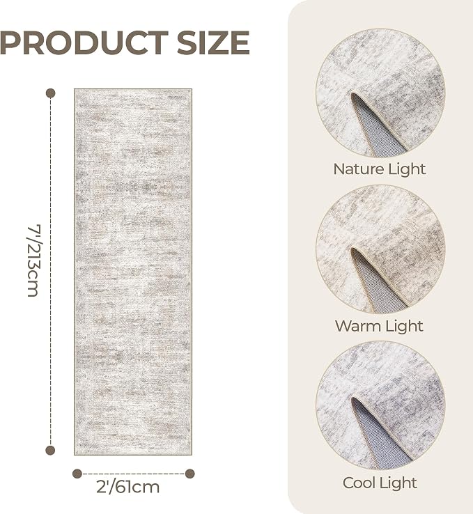 2x7 Runner Rug Non Slip, Washable Hallway Runner Rug, Taupe | Neutral Rugs - Image 2