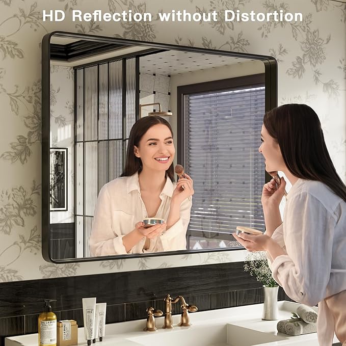ISKM Black Bathroom Mirror for Wall 44" x 36" Matte Black Framed Vanity Mirror, Shatter-Proof, Tempered Glass, Rounded Rectangle Mirror(Horizontal/Vertical)