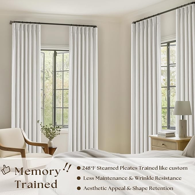 100% Blackout Pinch Pleated Linen 84 Inch Curtains 2 Panels Beige White | 2 - Image 2