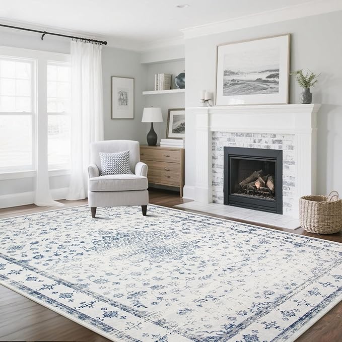 8x10 Washable Area Rugs for Living Room, Dining Room- Blue White | Retro Floral by Srugn