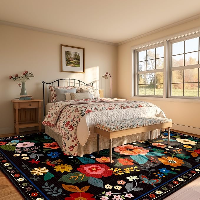 RELEANY Floral Washable 5x8 Area Rugs Black | Flower Carpet Print Boho Cute Non - Image 8