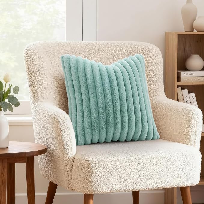 decorUhome Fall Faux Fur Throw Pillow Covers 22x22 Set of 2 Aqua | Decorative - Image 4