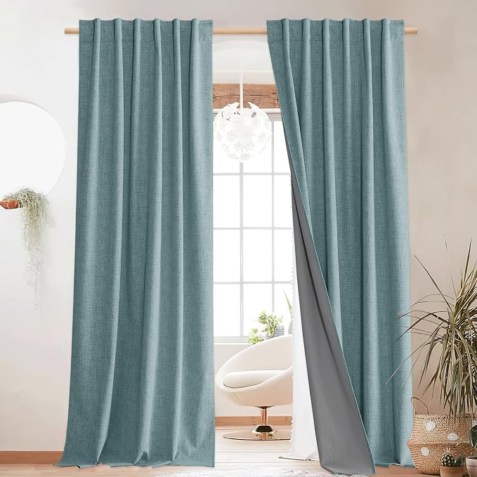 NICETOWN Full Blackout Skylark Blue Linen Curtains 102" Length by NICETOWN
