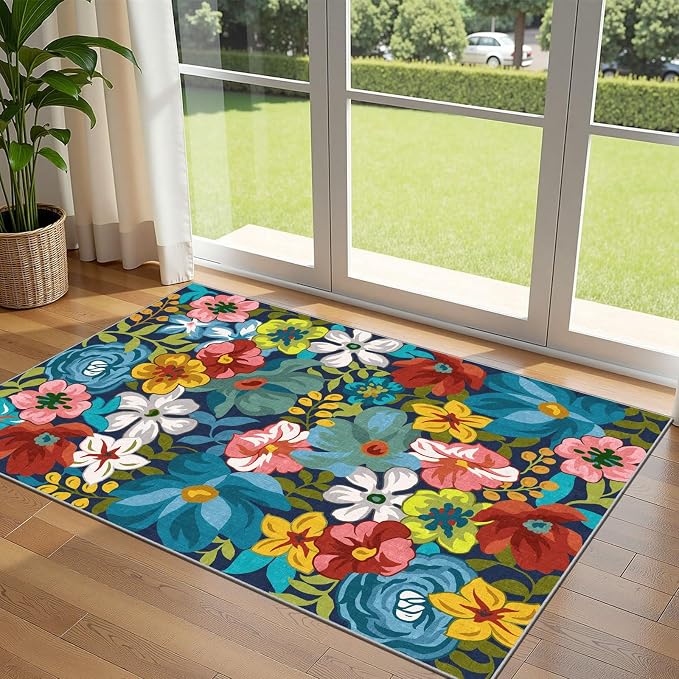 3x5 Flower Entry Rug, Washable Indoor Outdoor Mats by Othilic