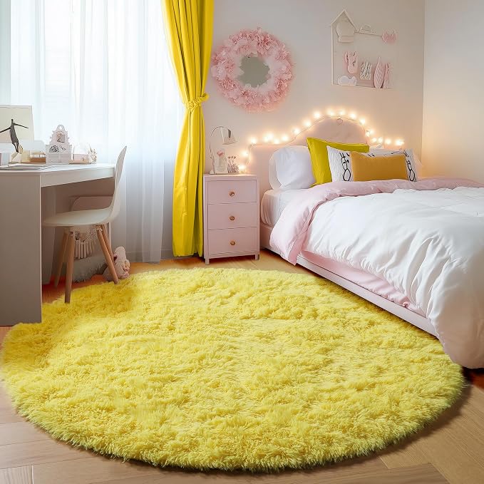 Yellow Round Rugs 5ft for Bedroom Living Room, Fluffy Circle Area Rug for Kids by ONASAR