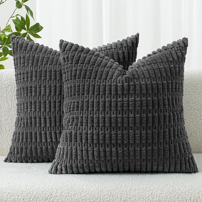 MIULEE Corduroy Decorative Throw Pillow Covers 18x18 Dark Grey Pack of 2 | Soft by MIULEE