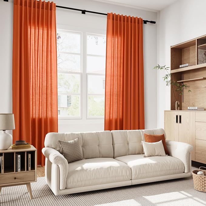 Bright Orange Linen Blend Light Filtering Back Tab Curtains 96 Inches Long - Image 7
