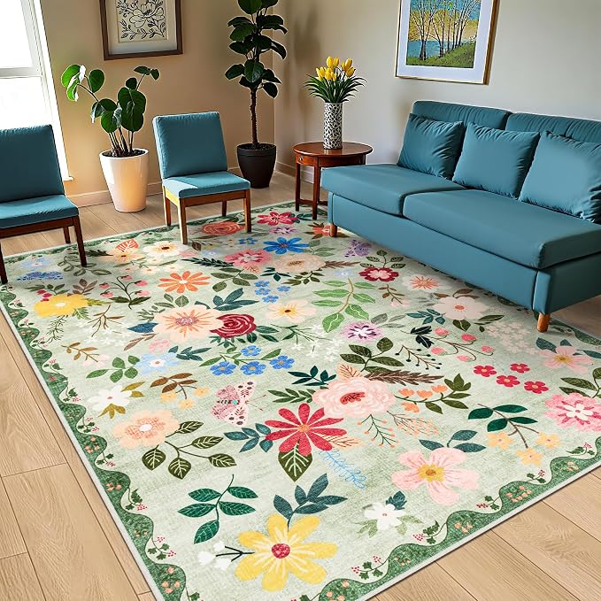 PLHXFR Area Rug 9x12 Living Room: Floral Washable Boho Soft Carpet Green | - Image 2