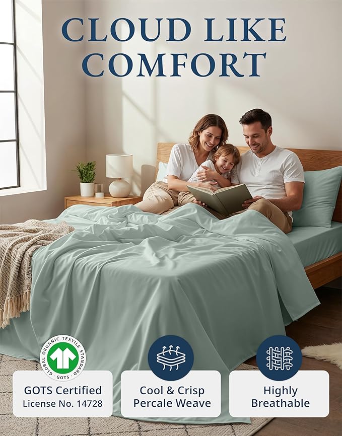 LANE LINEN 100% Organic Cotton Sheets King Size, 15" Deep Pocket Fully Elasticized Soft & Comfy Percale Bedding, Eco Friendly Naturally Temperature Regulating Cotton Sheets King- Cool Blue