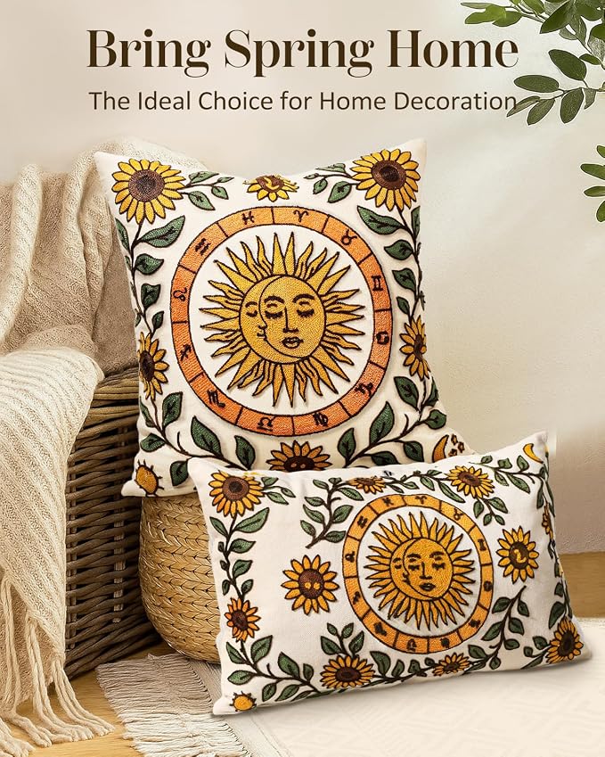 Embroidered Throw Pillow Cover 20x20 Inch, Sunflower Moon | Decorative Pillow - Image 5