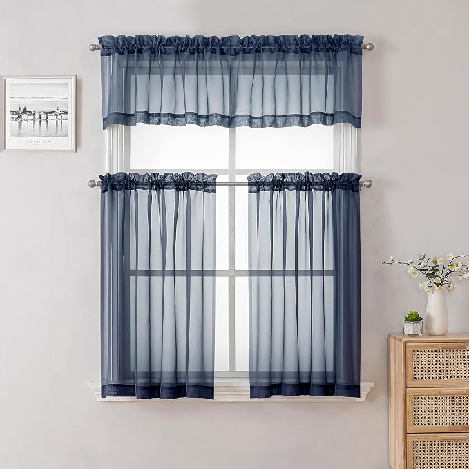 Navy Blue Sheer Valances for Windows 18 Inch Length 2 Pcs, Cafe Kitchen - Image 7
