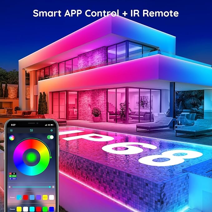 200Ft Outdoor LED Strip Lights Waterproof,Music Sync RGB IP68 Outside Led Light Strips Waterproofs with App and Remote,Exterior Led Rope Lights Waterproof for Deck,Balcony,Roof,Garden,Pool