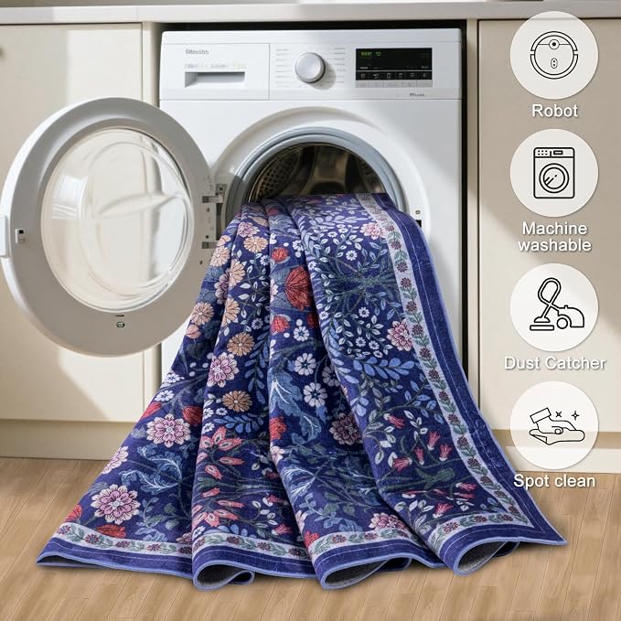 PLHXFR 3x10 Washable Runner Rug：Floral Indoor Kitchen Soft Carpet Blue | - Image 8