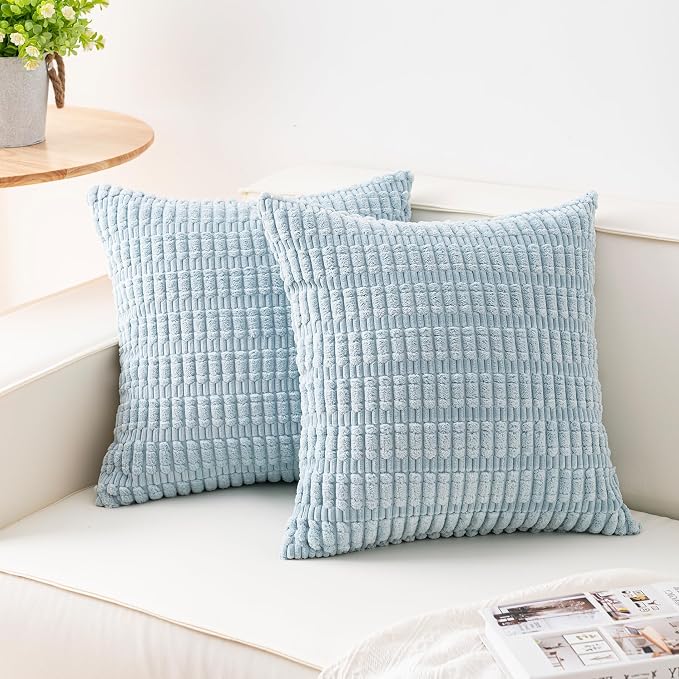 Pack of 2 Corduroy Decorative Throw Pillow Covers 16x16 Inch, Sky Blue | Fall by Unknown