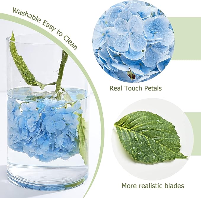 Waipfaru 21" Real Touch Blue Hydrangea Artificial Flowers with Long Stem & Leaves, Full Latex Faux Hydrangea Flowers for Home Decor Party Floral Arrangements Wedding Bouquets Centerpieces, 3Pcs
