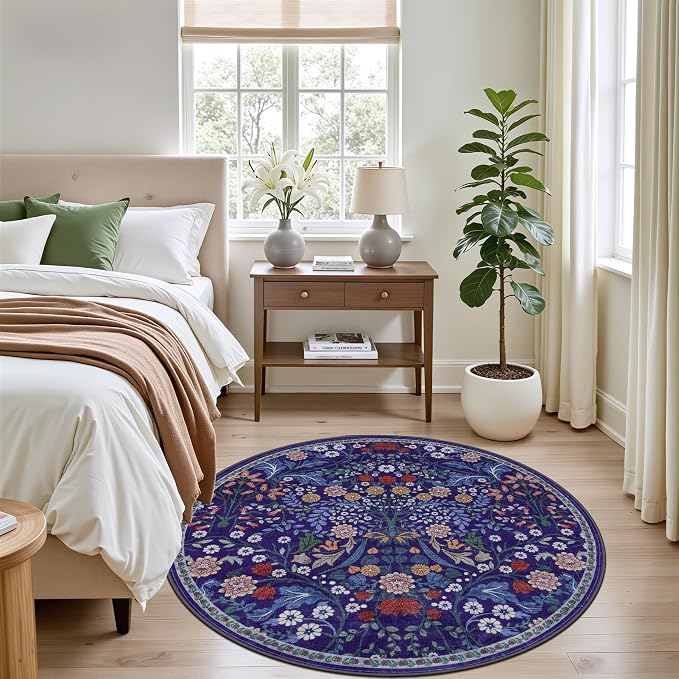 PLHXFR Round Area Rug Living Room: 4 ft Floral Washable Soft Carpet Blue | - Image 3