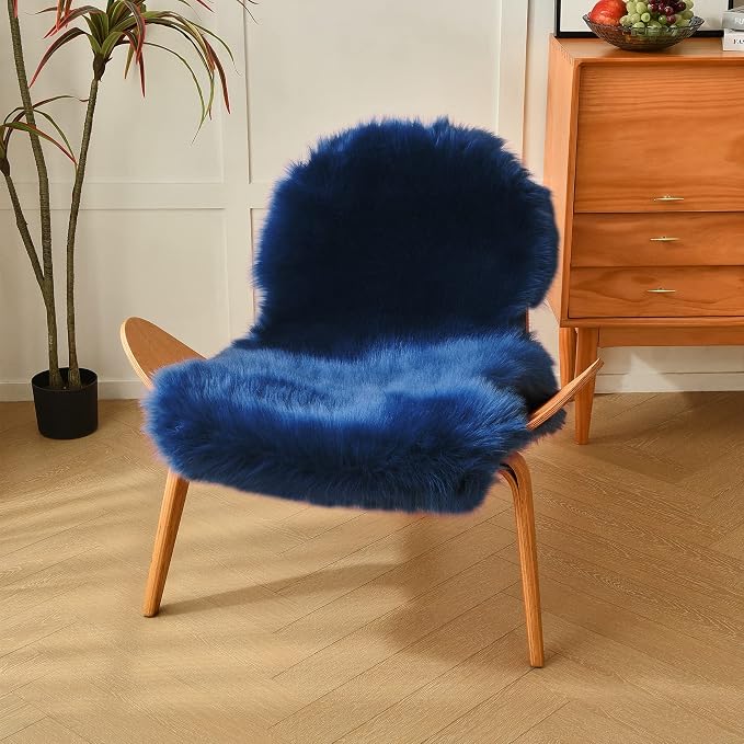 Navy Blue Faux Sheepskin Throw Rug 2x3 ft, Small Fluffy Fur Chair Cover | Shag - Image 7