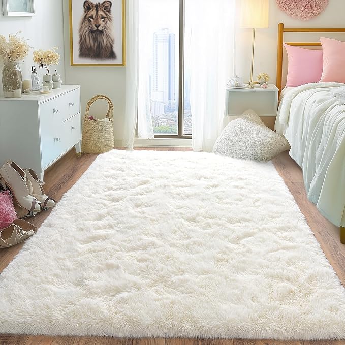 Pionblank Fluffy Area Rug for Bedroom 4x6, Indoor Plush Carpet, Cream White | by PIONBLANK