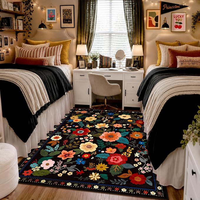 RELEANY Floral Washable 4x6 Area Rugs Black | Flower Carpet Print Boho Cute Non by RELEANY