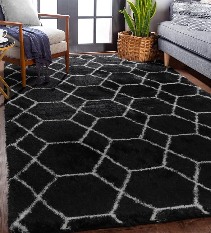 Area Rugs for Living Room, 5x8 Fluffy Black and White Bedroom Geometric Rug | - Image 6